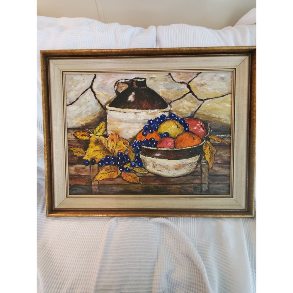 MID CENTURY FRUIT JUG STILL LIFE OIL PAINTING Hazel Loven VINTAGE 1960s picture